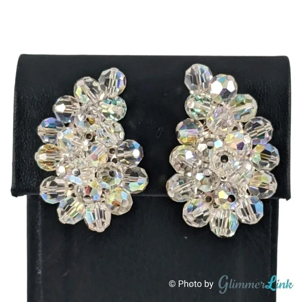 VTG AB Aurora Borealis Beaded Paisley Cluster Silver Tone Clip On Earrings